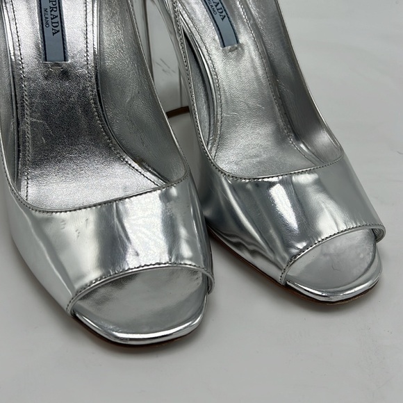 Prada Women's Metallic Chrome Silver Leather Open Peep-Toe Pumps size 7 - Picture 2 of 9